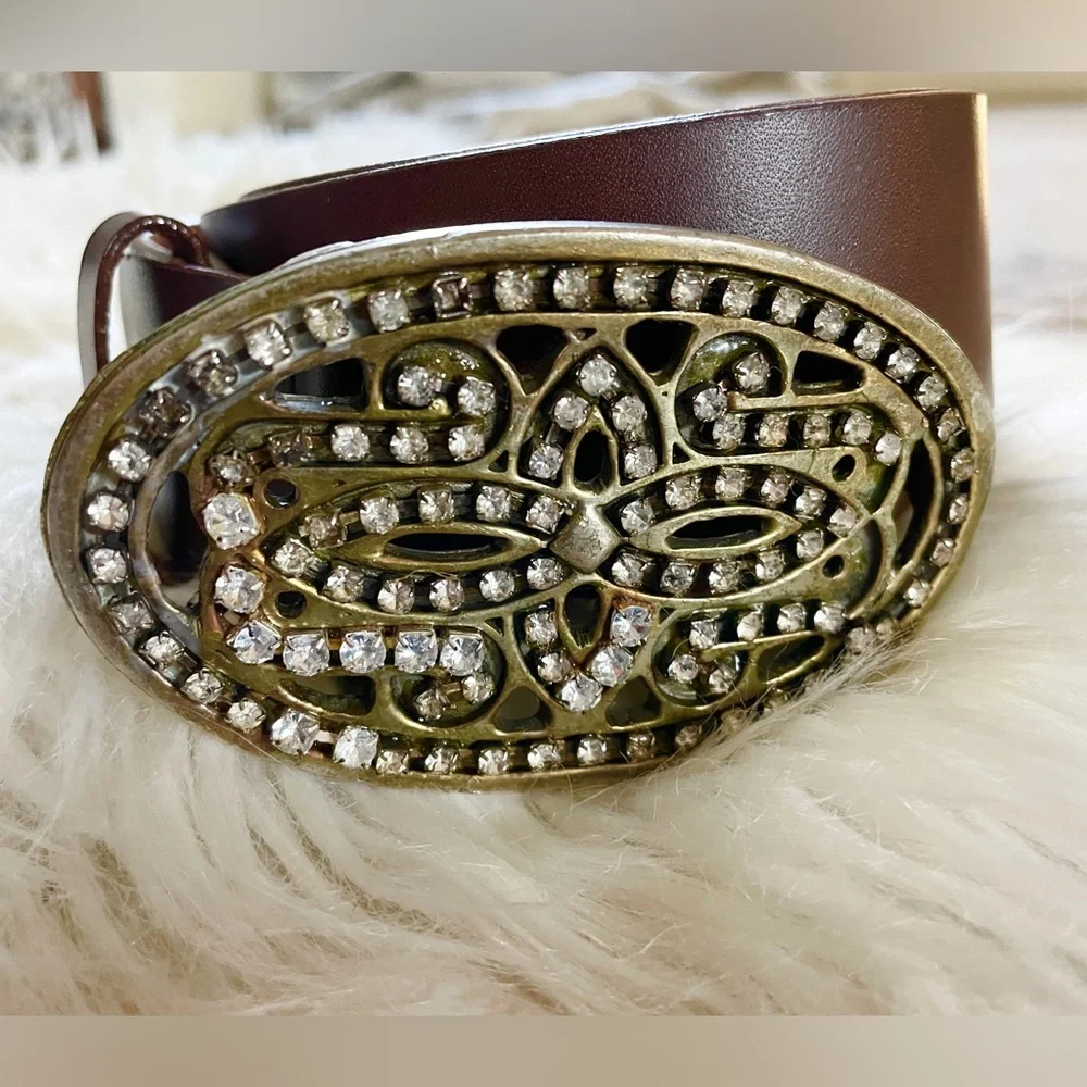 Brown Med Belt Genuine Leather Rhinestones 85CMs